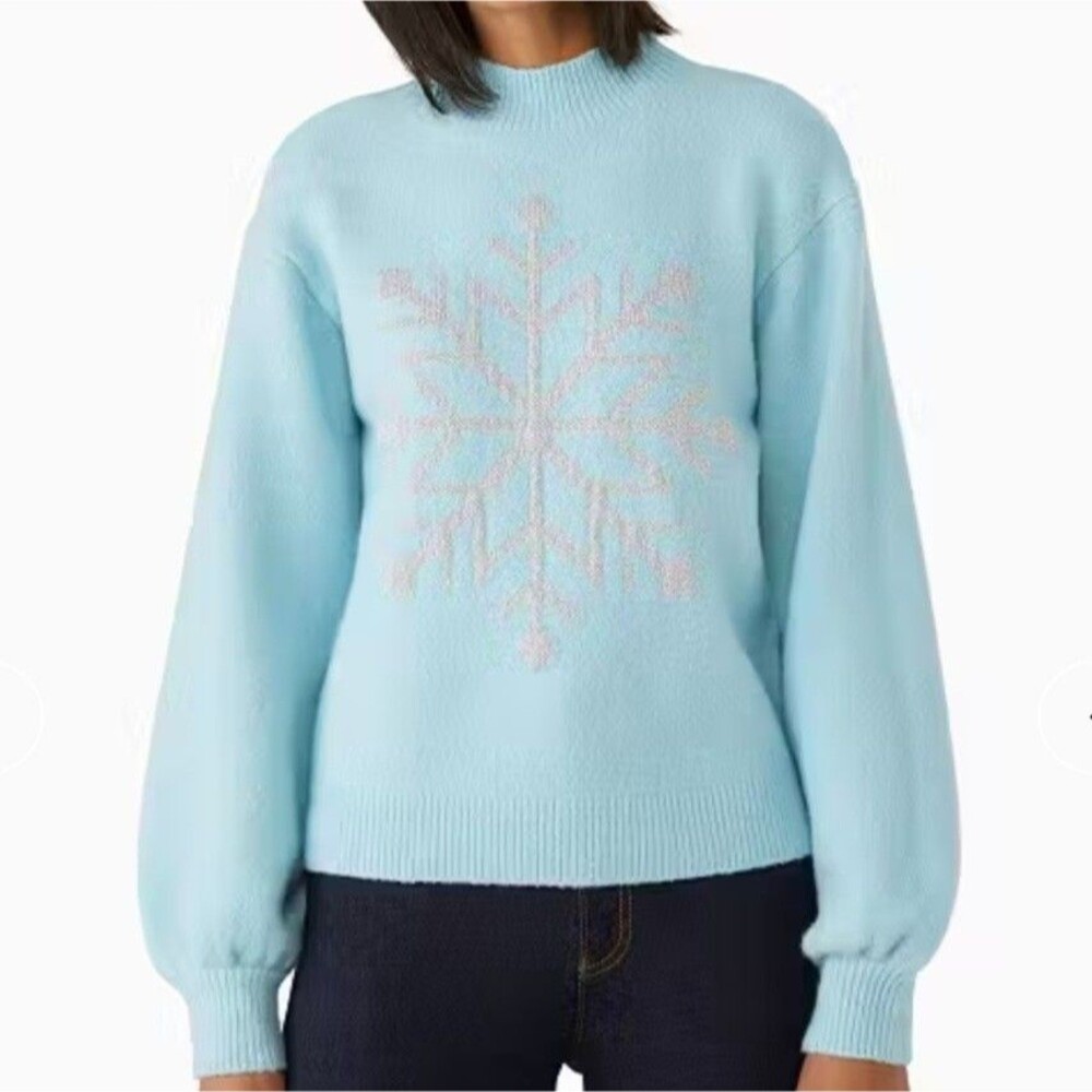 Kate Spade Frosty Sky Blue Metallic Snowflake Wool Blend Mock Neck Sweater NWOT